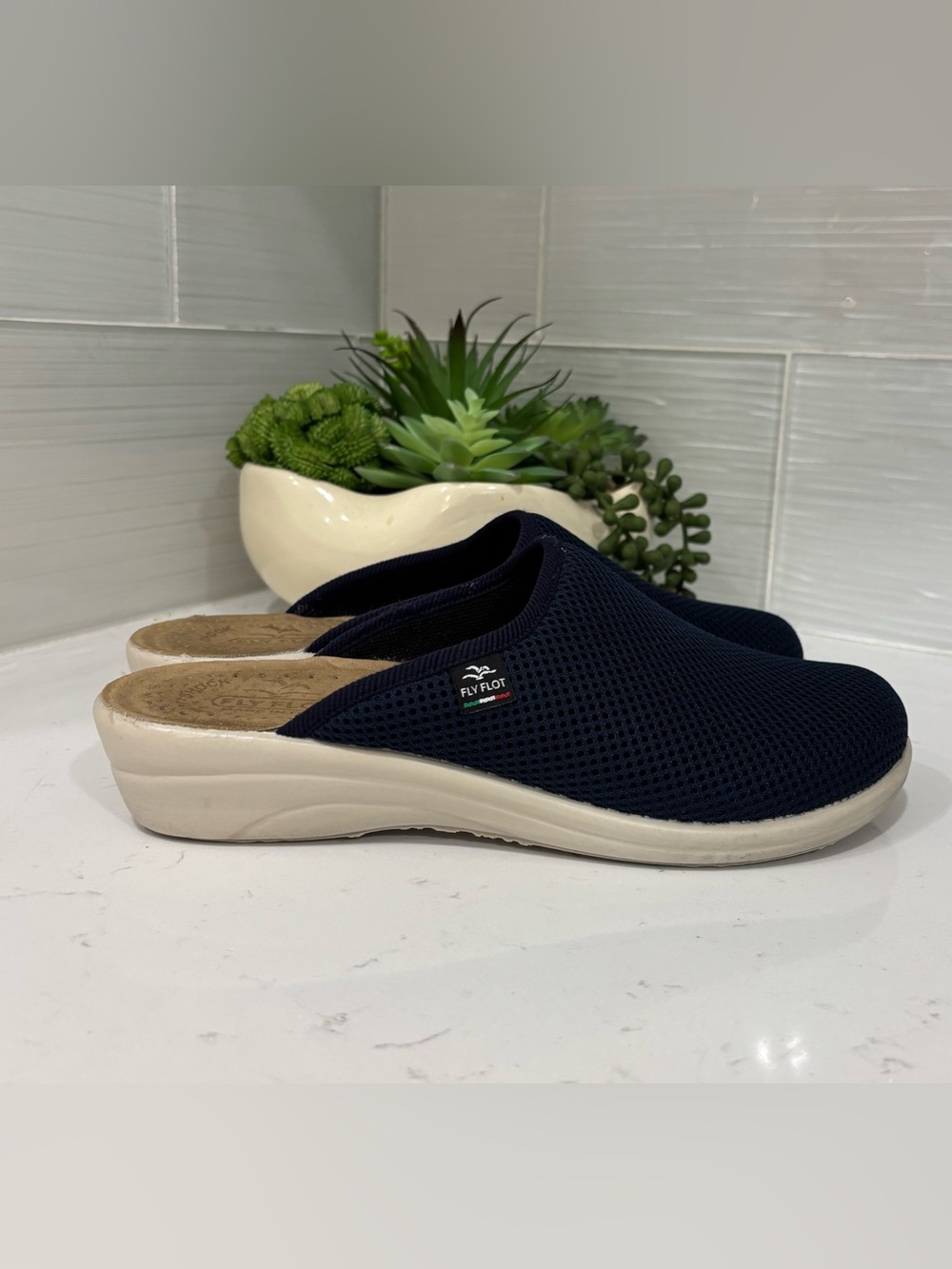 Fly Flot Mule Clogs Women’s 40 US 9 Navy Blue Mesh Slip On Comfort